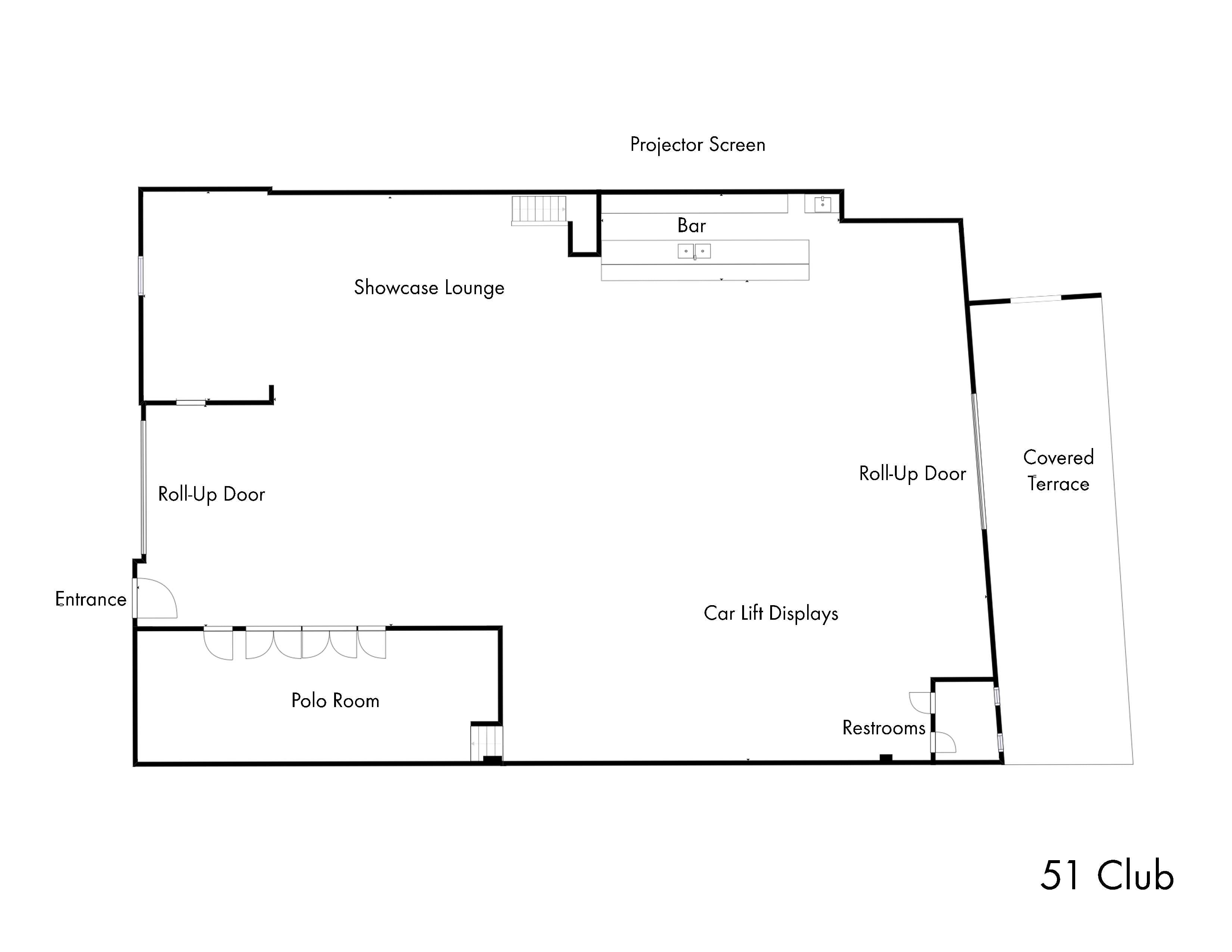 51 Club floor plan with the covered terrace labeled on the right side of the building